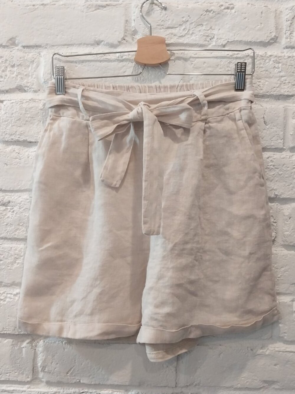 100% Linen Shorts Women M 6 Beige High Waist Tie Belt Pockets by Civico 51 Italy